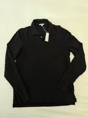James Perse Men's Black Long-Sleeve Polo with Chest Pocket